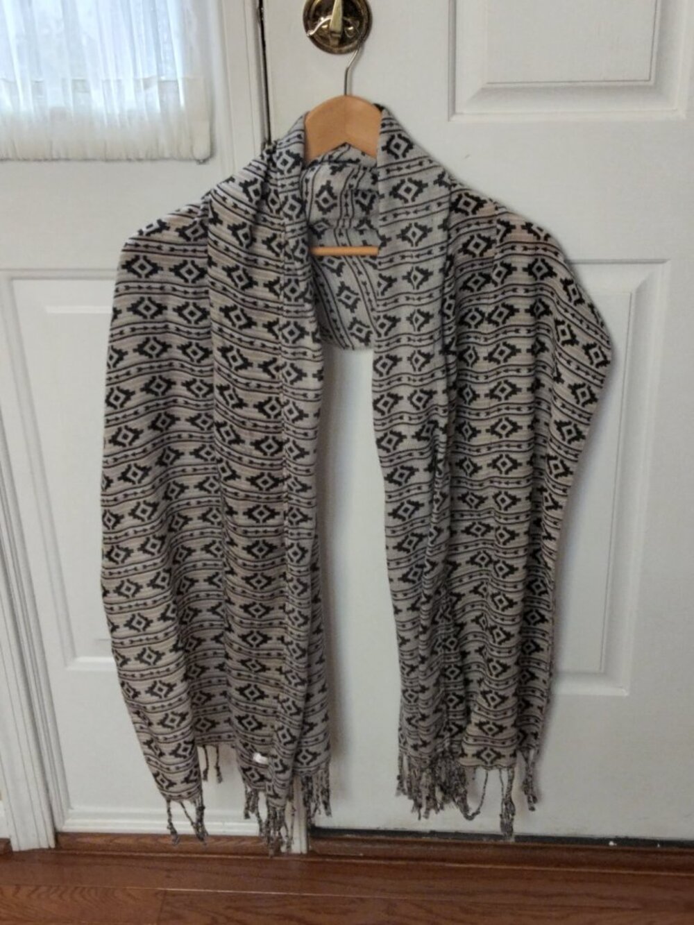 Fancy scarf with garnet necklace.